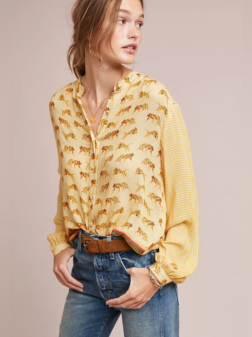 Anthropologie Conditions Apply Tiger Button-down Shirt Medium Long Sleeve
